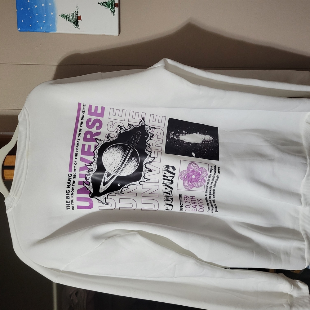 White Sweatshirt with Purple Graphic